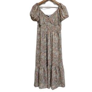 Mimi Chica Dress M Tan Floral Midi Short Sleeve Ruffle Babydoll Boho Peasant